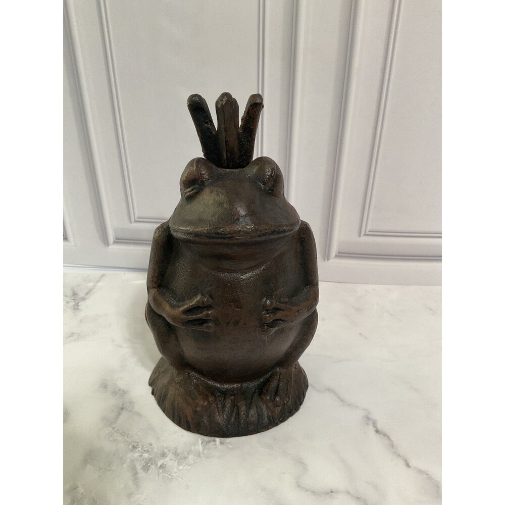 Frog Prince Charming King Toad Cast Iron Rustic Brown Garden Statue 7.5"